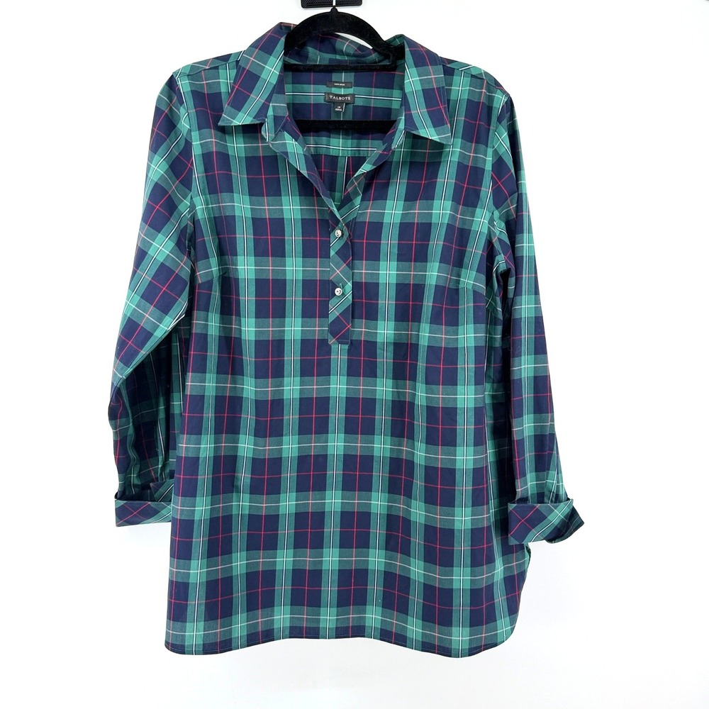 Talbots Tunic Shirt Non-Iron Plaid 14 Green Women Popover Long Sleeve Blouse